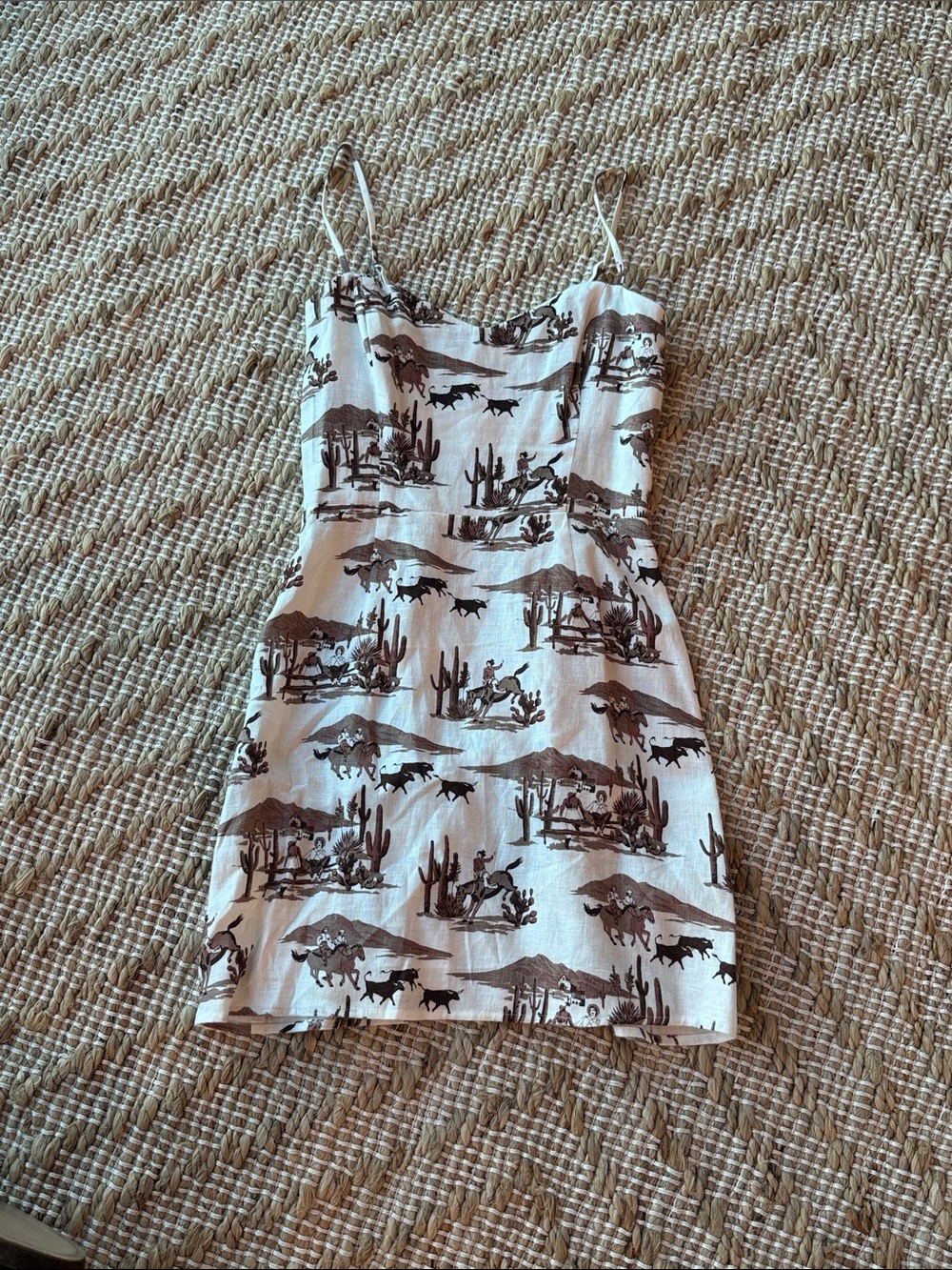 Reformation White Mini Dress with Brown Western Print